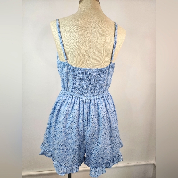 Trixxi Women's Sky Blue Flowy Floral Adjustable Spaghetti Strap Rompers, sz LG - Picture 3 of 16